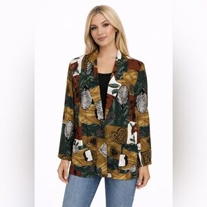 Vintage 80s 90s Abstract Leaf Blazer Women Large Retro Earth Tone Jacket